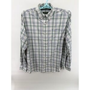 Orvis Active Fit Mens Large Plaid Button Down Shirt Green Blue White Nylon Blend